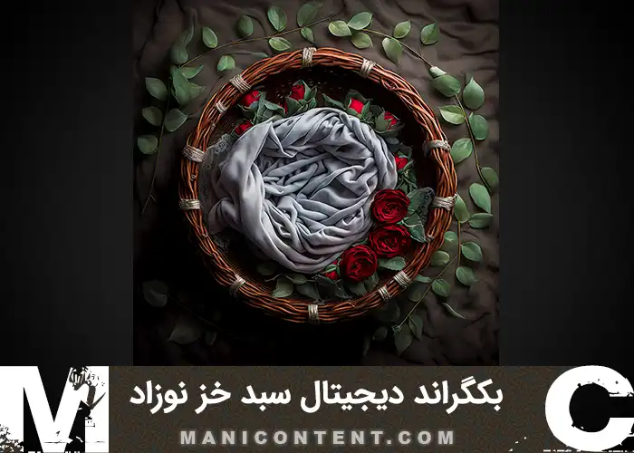 بک گراند دیجیتال آتلیه نوزاد سبد چوبی خز خاکستری گل رز قرمز